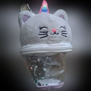 Unicorn Cat Zip Change Coin Holder Backpack Keychain Light Gray & Clear Confetti